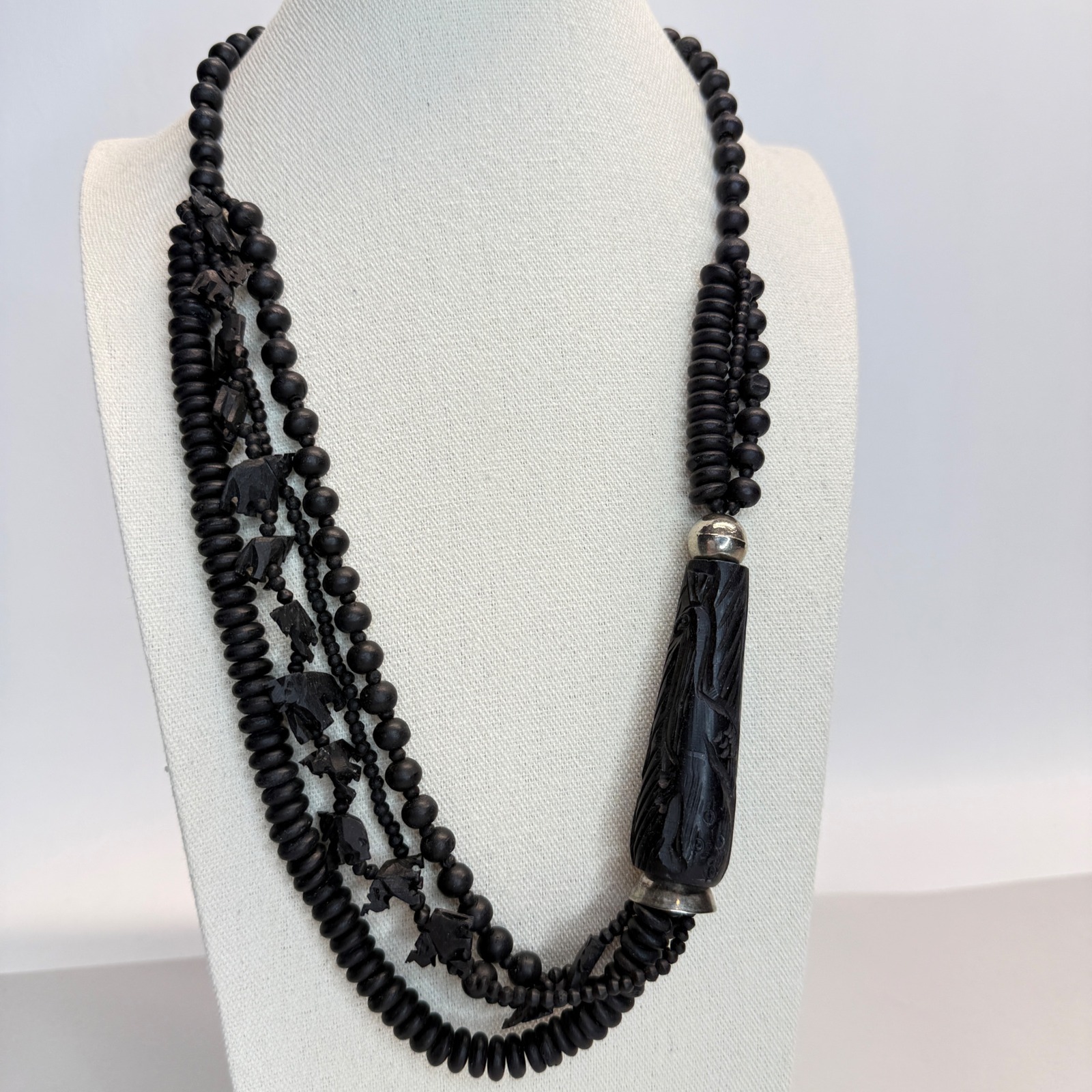 Vintage Carved Jet Necklace Elephant Crane Bird Multi Strand Long
